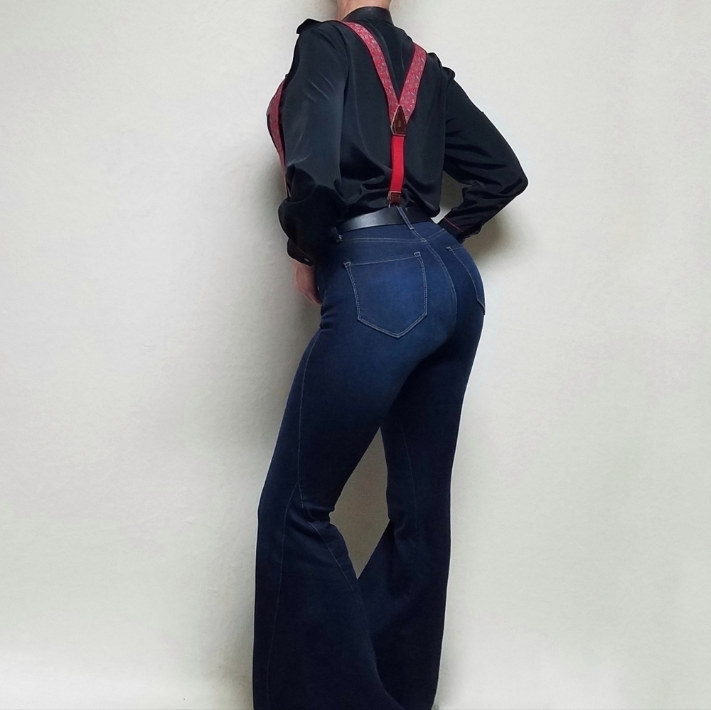 Bill Blass Vintage Stretchy Red Blue Paisley Gold Leather Button Tab Suspenders - Picture 3 of 13